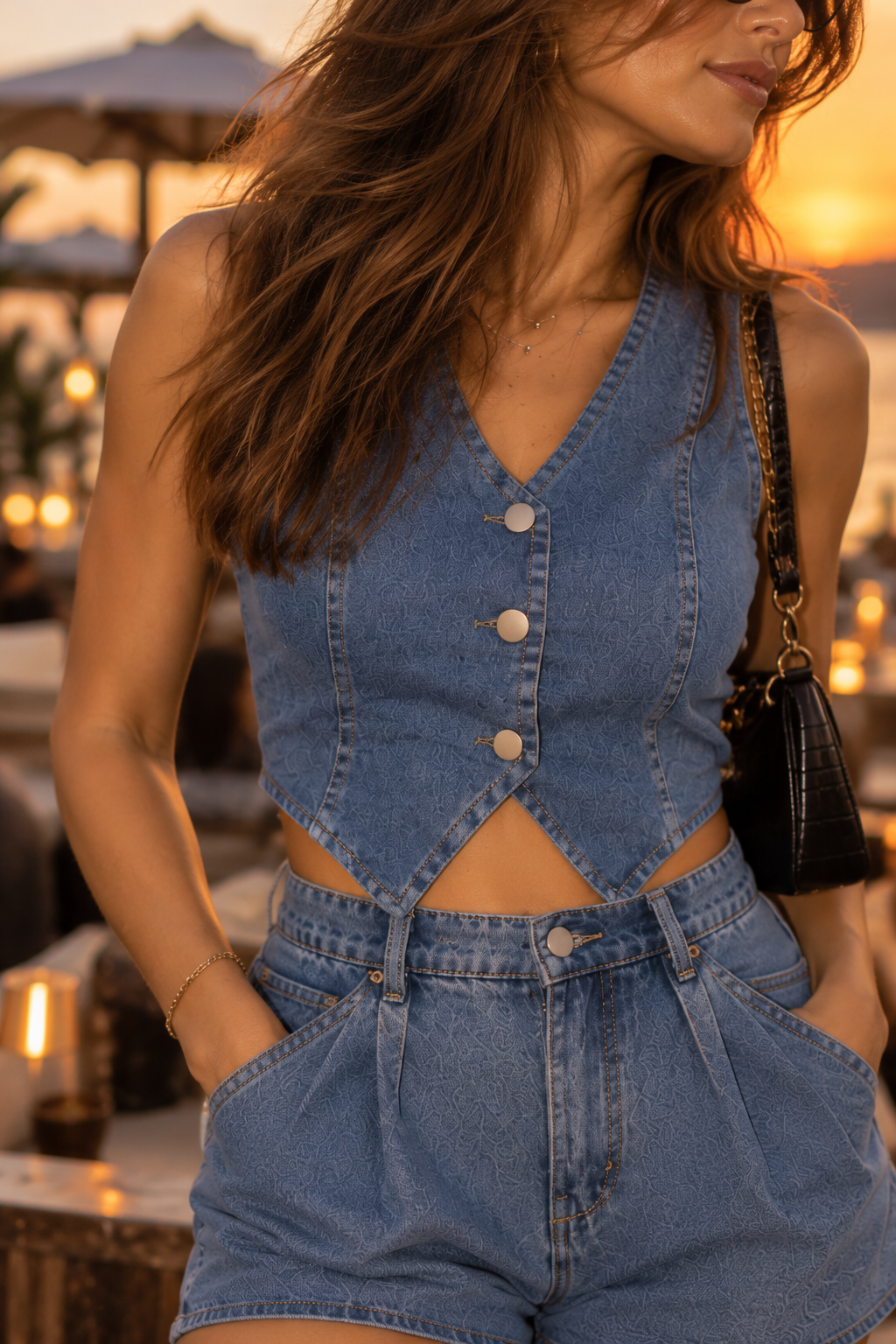 Amazing The Blue Hour Denim Vest worn by a model. Buy the best clothes from Thirtieth .in