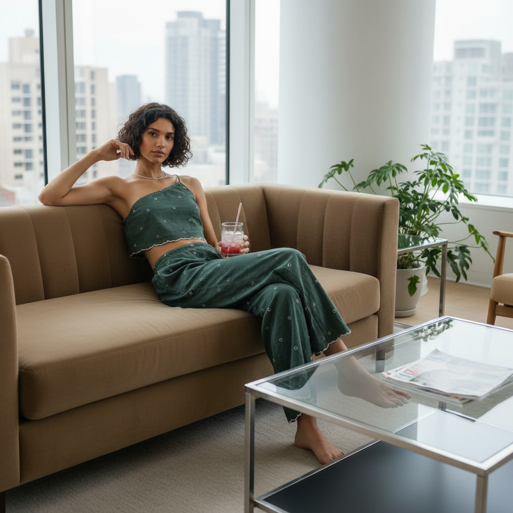 Amazing Sage Matcha Set worn by a model. Buy the best clothes from Thirtieth .in