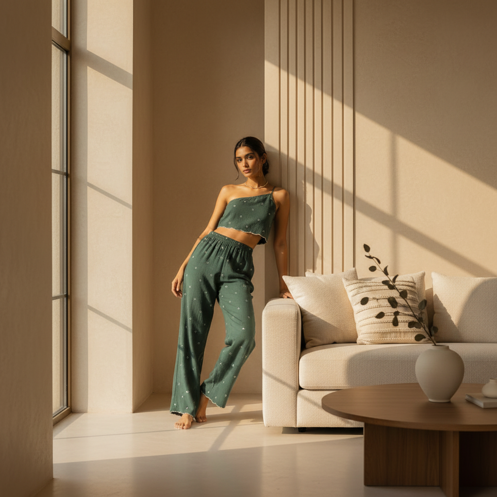 Amazing Sage Matcha Set worn by a model. Buy the best clothes from Thirtieth .in