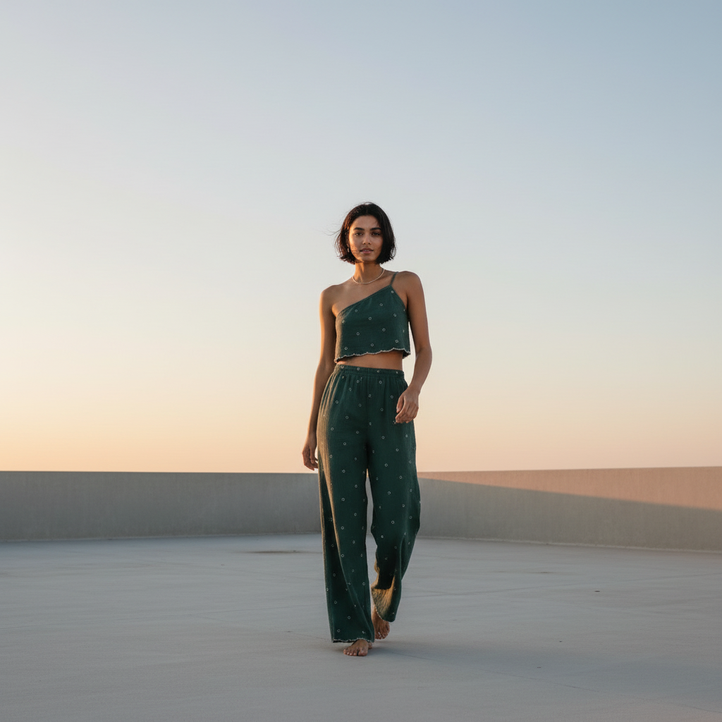 Amazing Sage Matcha Set worn by a model. Buy the best clothes from Thirtieth .in
