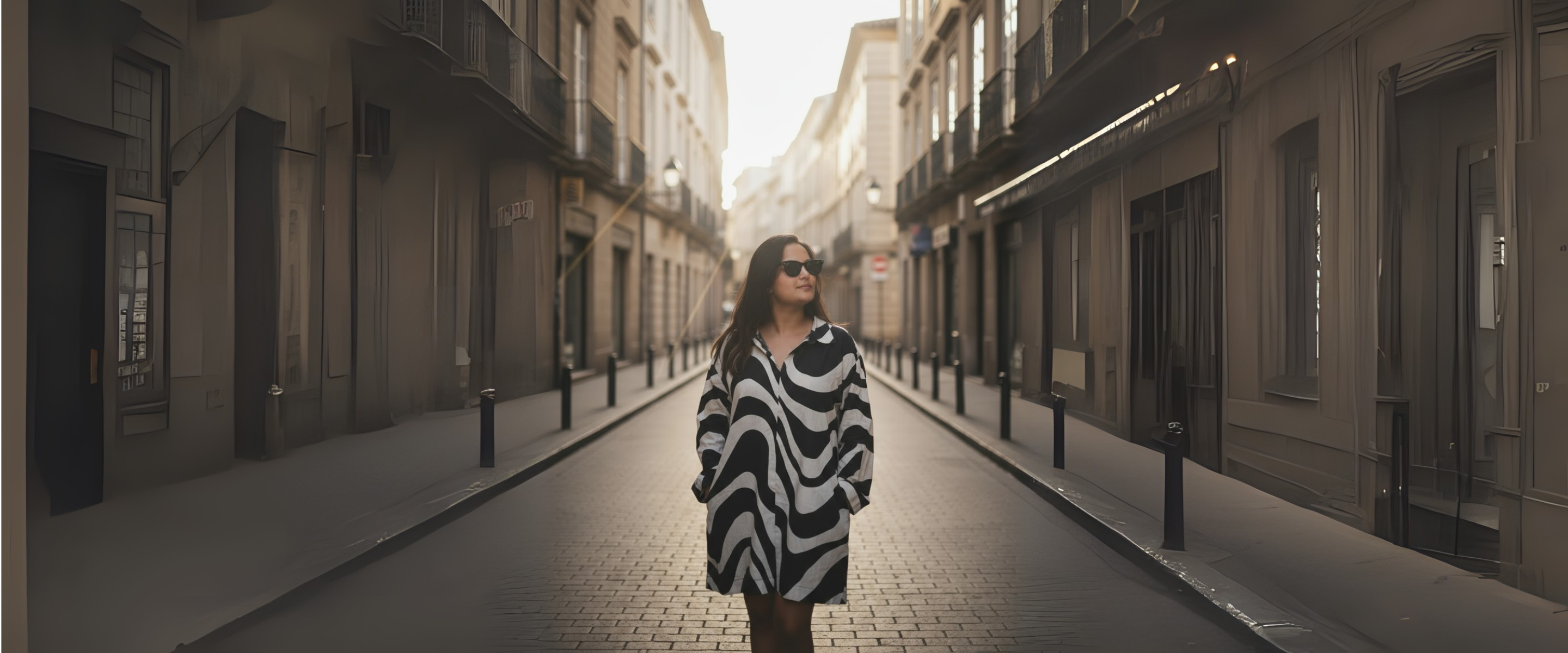 Woman walking down a sunlit street in an urban setting