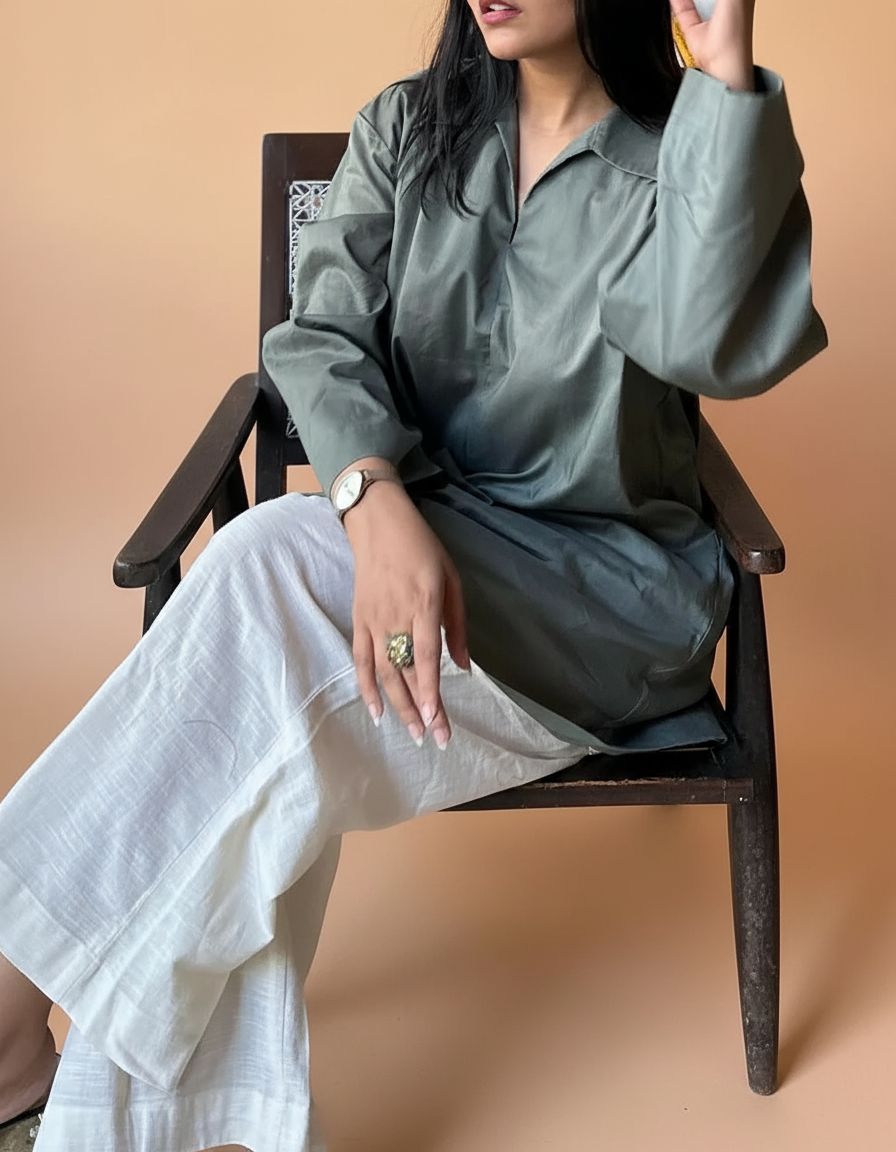 Sage Mist Relaxed Cotton Shirt Dress