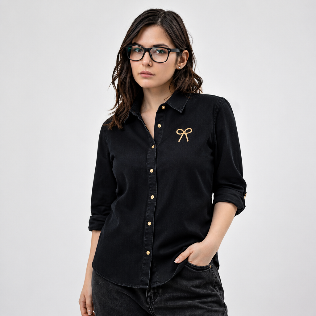 Amazing Black Denim Bow Shirt worn by a model. Buy the best clothes from Thirtieth .in