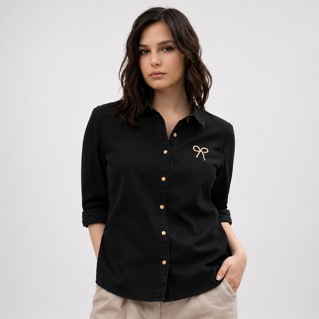 Amazing Black Denim Bow Shirt worn by a model. Buy the best clothes from Thirtieth .in