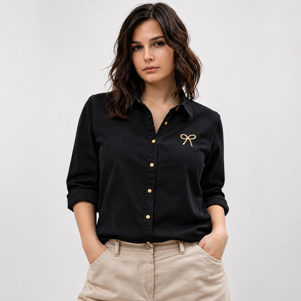 Amazing Black Denim Bow Shirt worn by a model. Buy the best clothes from Thirtieth .in