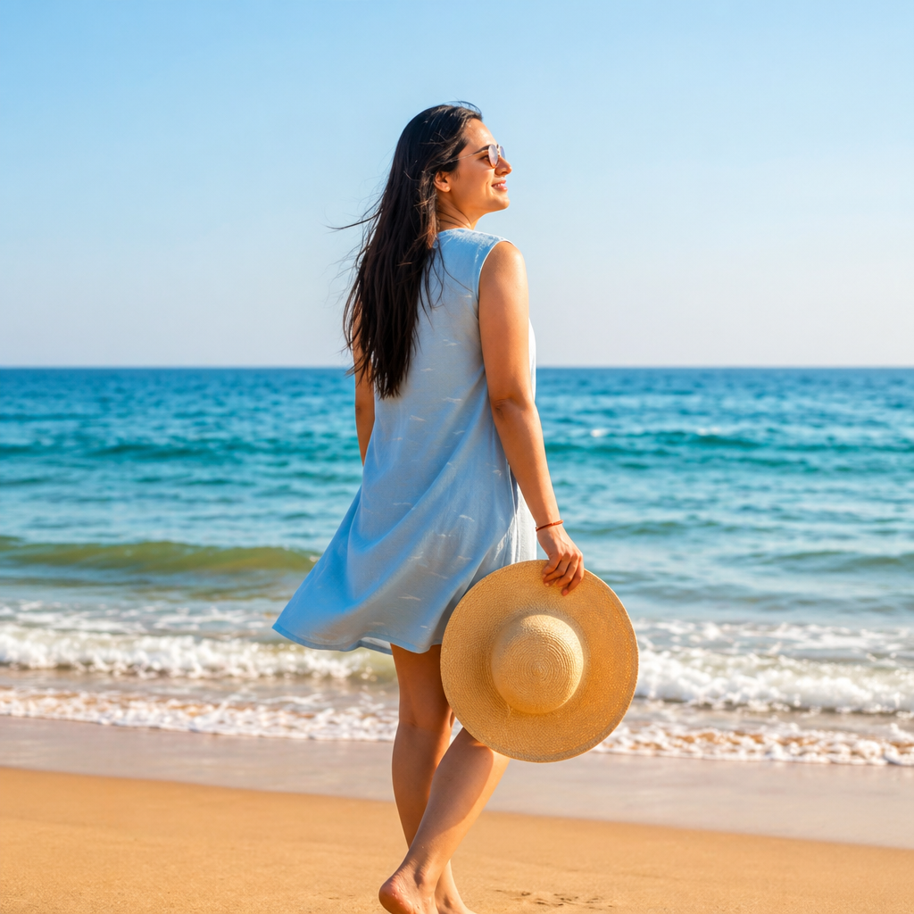 Amazing Blue Drift A-Line Cotton Dress worn by a model. Buy the best clothes from Thirtieth .in