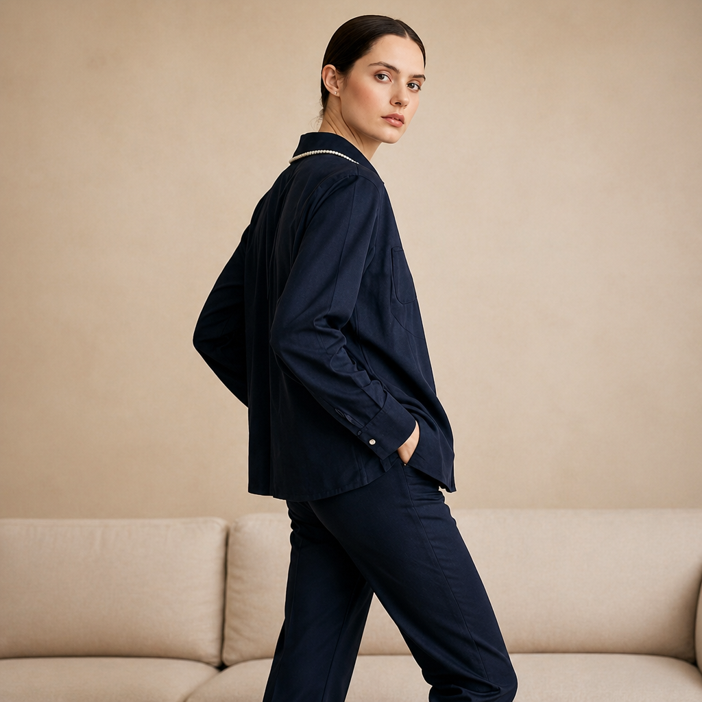 Amazing Denim Pearl Co-ord Set worn by a model. Buy the best clothes from Thirtieth .in