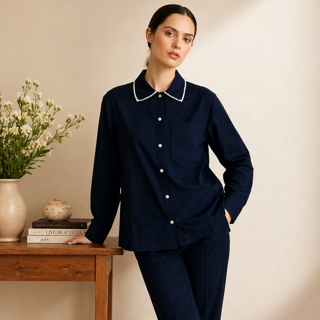 Amazing Denim Pearl Co-ord Set worn by a model. Buy the best clothes from Thirtieth .in