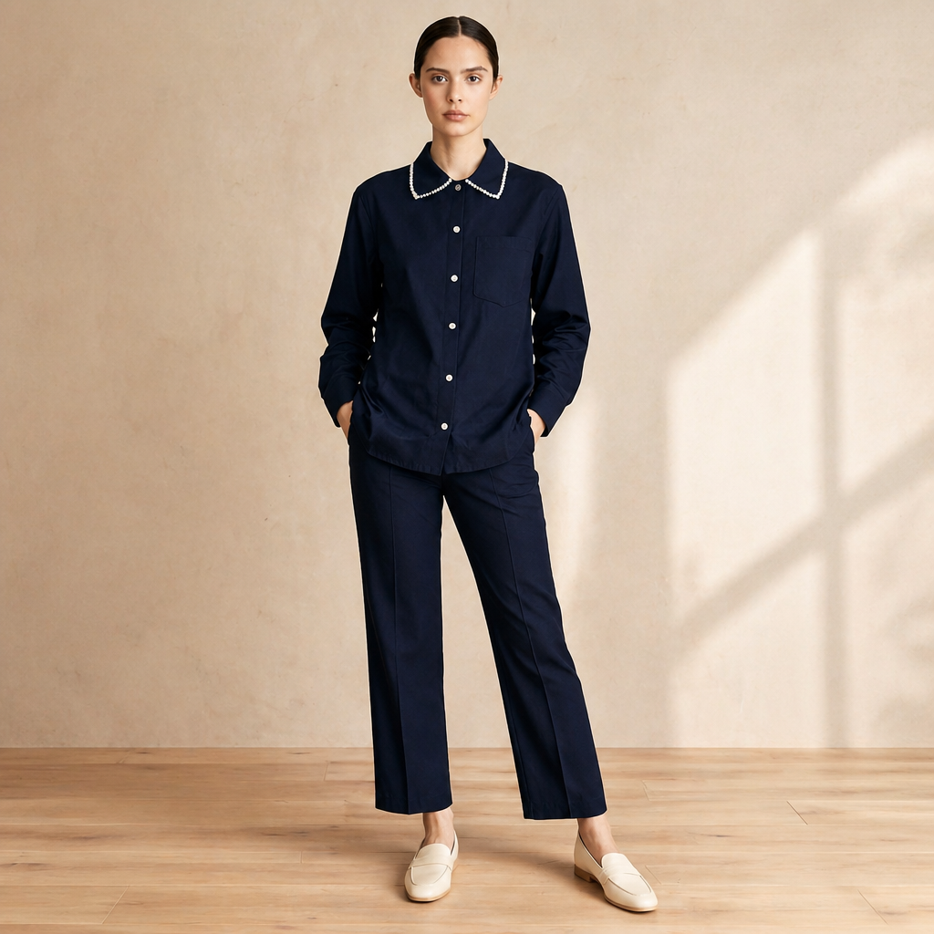 Amazing Denim Pearl Co-ord Set worn by a model. Buy the best clothes from Thirtieth .in
